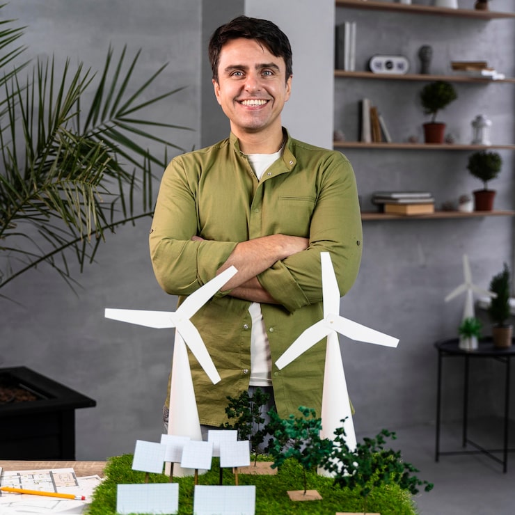 front view smiley man working eco friendly wind power project with wind turbines 23 2148847780
